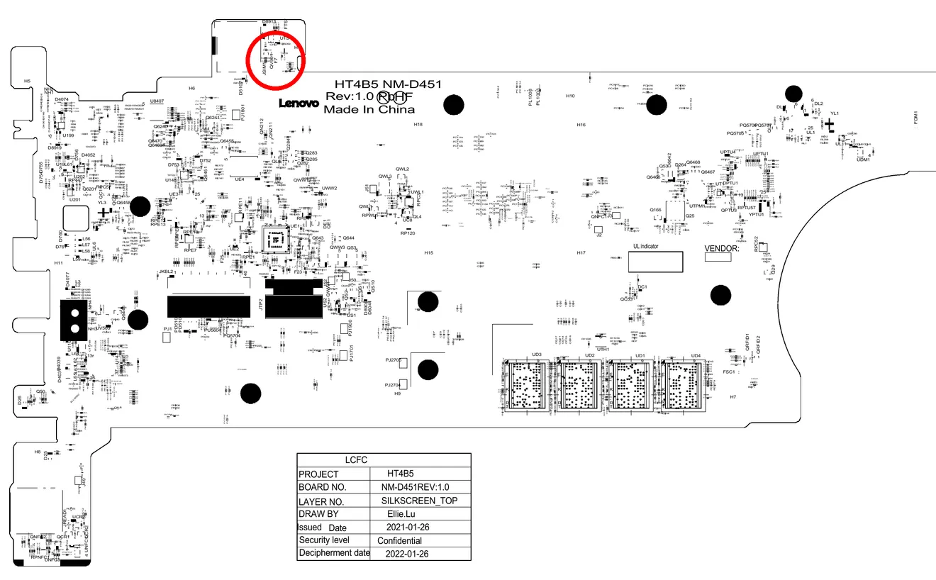 NM-D451 boardview, keyboard side, F7 circled